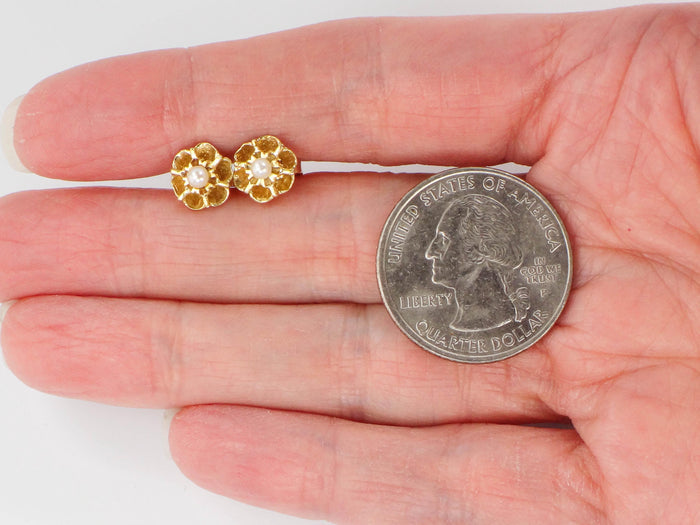 Vintage 14k Gold Pearl Flower Stud Earrings: Bridal Jewelry