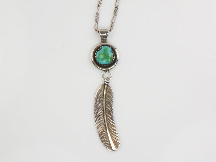 Vintage Gary Reeves Navajo Large Sterling Silver Turquoise Feather Pendant Necklace 16"