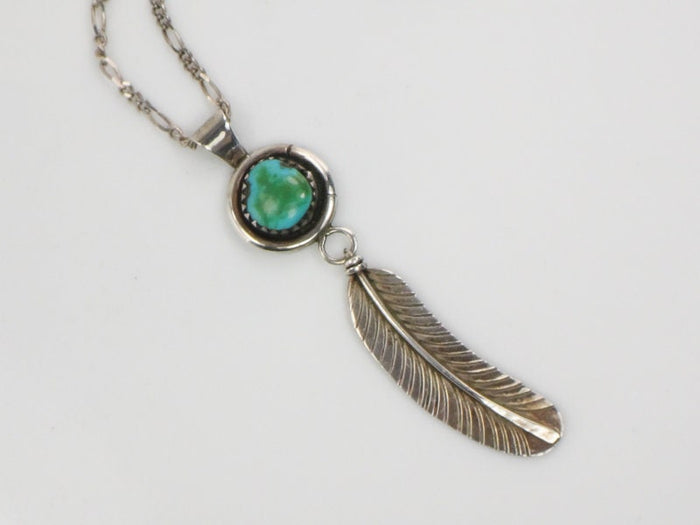 Vintage Gary Reeves Navajo Large Sterling Silver Turquoise Feather Pendant Necklace 16"