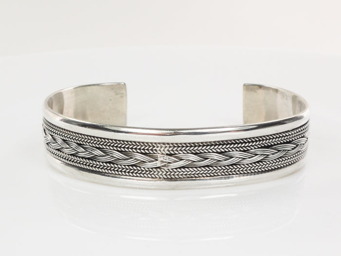 Vintage Large Sterling Silver Weave Design Cuff Bracelet Marked Woods for a Man or Woman