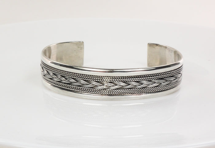 Vintage Large Sterling Silver Weave Design Cuff Bracelet Marked Woods for a Man or Woman