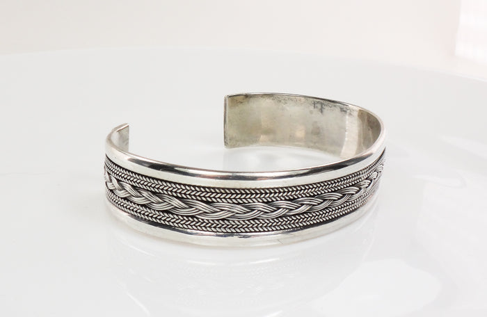 Vintage Large Sterling Silver Weave Design Cuff Bracelet Marked Woods for a Man or Woman