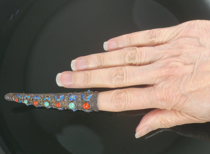 Vintage Silver Finger Nail Cover Pin: Turquoise, Coral, Enamel Floral Design