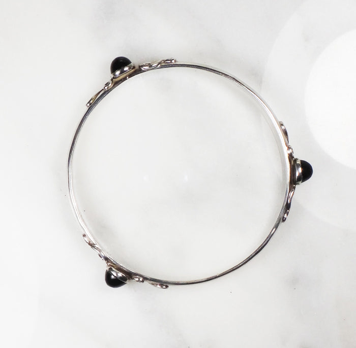 Vintage Sterling Silver Bangle Bracelet: Black Glass Stone, Mexico