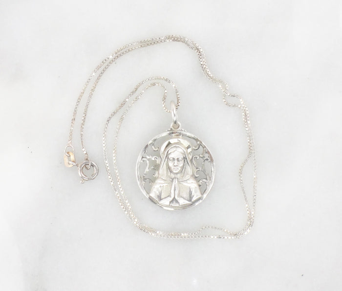 Vintage Sterling Silver Virgin Mary Necklace Mother Mary Pendant - 16.75" Chain