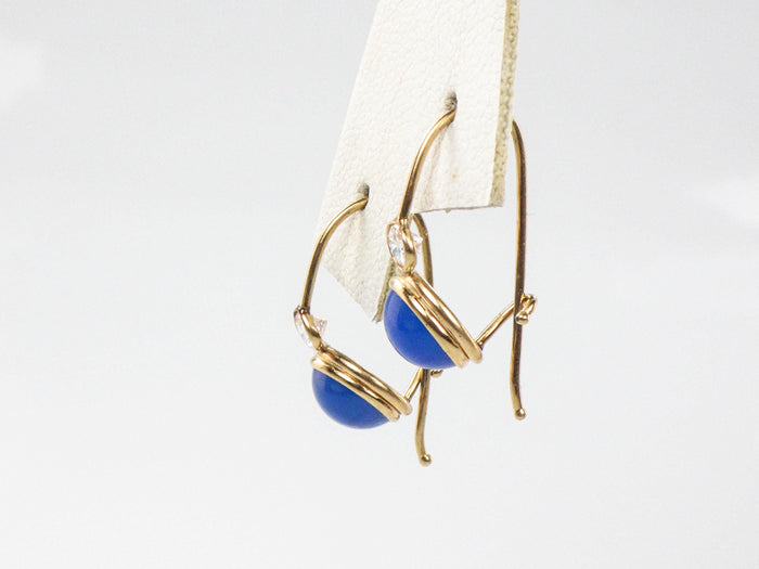 Vintage14k Yellow Gold Blue Cabachon and CZ Dangle Earrings