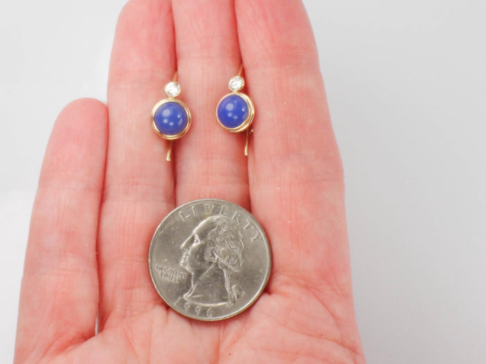 Vintage14k Yellow Gold Blue Cabachon and CZ Dangle Earrings