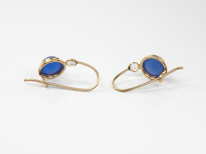 Vintage14k Yellow Gold Blue Cabachon and CZ Dangle Earrings