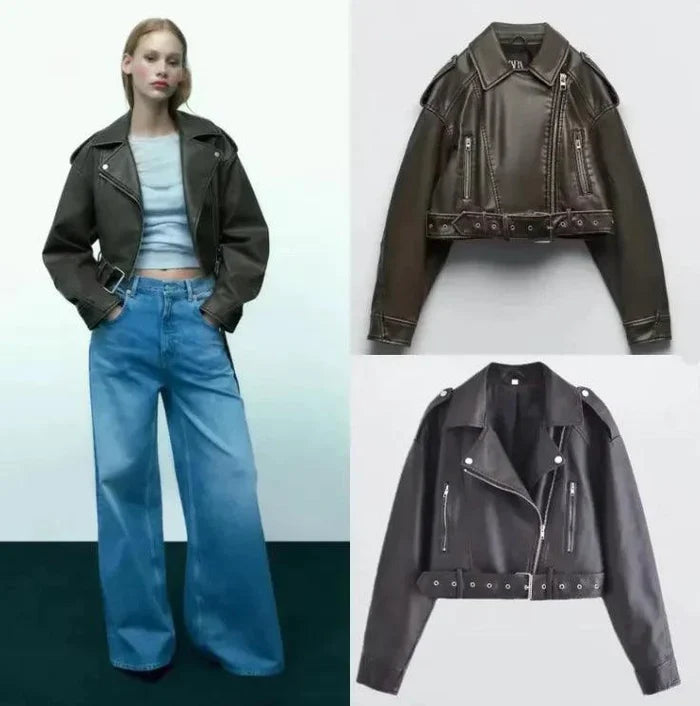 Mandotos washed faux leather jacket with a sleek design, featuring a classic collar and front zipper for a stylish look.