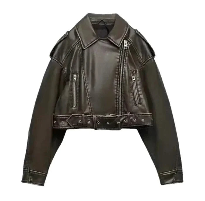 Mandotos washed faux leather jacket with a classic design, featuring a smooth, distressed finish and stylish collar for a modern look.