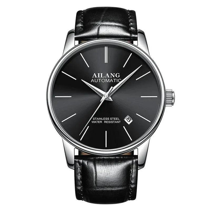Mandotos men's automatic mechanical watch with black dial and stainless steel band, showcasing intricate watch movement.