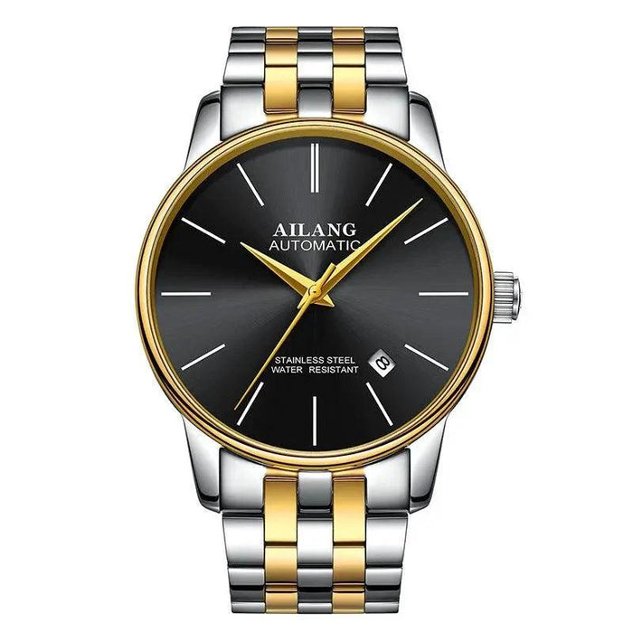 Mandotos men's automatic mechanical watch with black dial and stainless steel strap, showcasing intricate movement details.