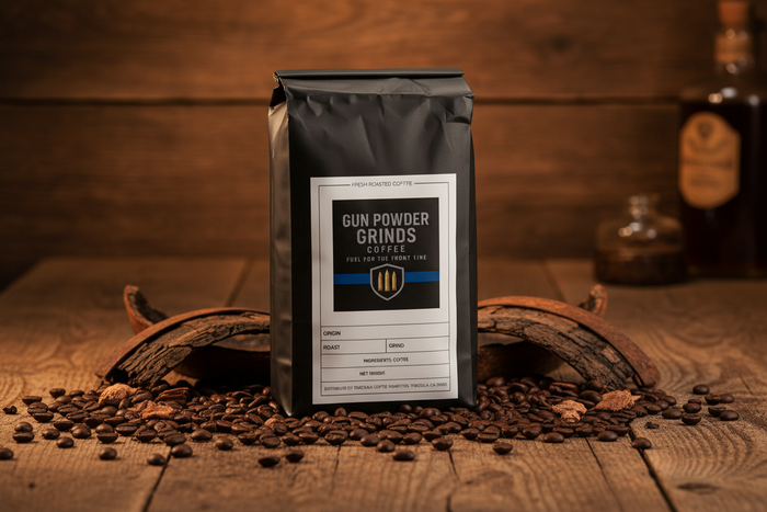Gun Powder Grinds Whiskey Barrel Aged with barrel wood and oak