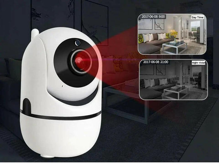 Mandotos WiFi wireless CCTV IP camera for home security, showing camera lens and mounting setup in a modern interior.
