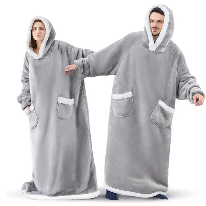 Mandotos winter TV hoodie blanket, oversized warm pullover with pockets for women and men, cozy home wear for cold weather.