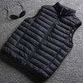 Mandotos winter white duck down ultralight sleeveless vest showing the sleek, padded design perfect for stylish warmth.