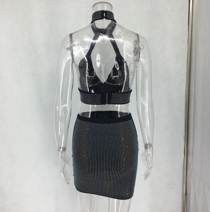 Mandotos women's diamonds two-piece dress set featuring a stylish top and matching skirt, elegant and perfect for special occasions.