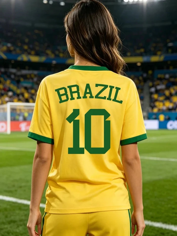 Women's Brazil national team sport jersey T-shirt by Mandotos International with sporty graphic print and aesthetic design.