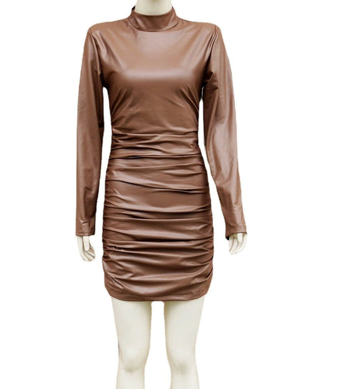 Mandotos women's faux leather long sleeve sheath dress with stand collar, fitted style, ideal for nightclub and evening wear.