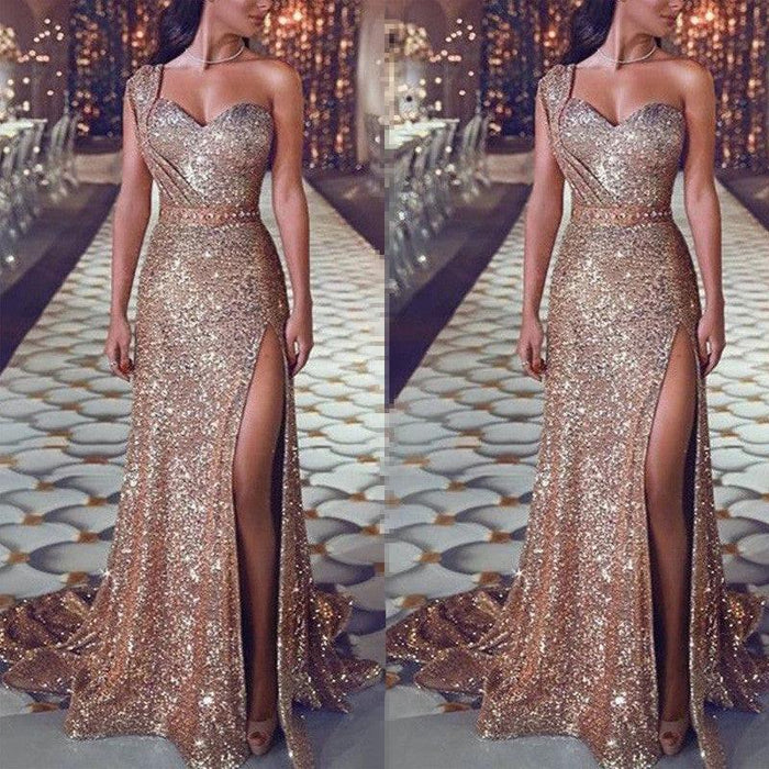 Women's one-shoulder sleeveless bronzing split dress by MANDOTOS, showcasing elegant design and flowing fabric.