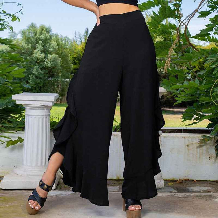 Women's Fashion Pure Color Ruffles Loose Casual Wide-leg Trousers