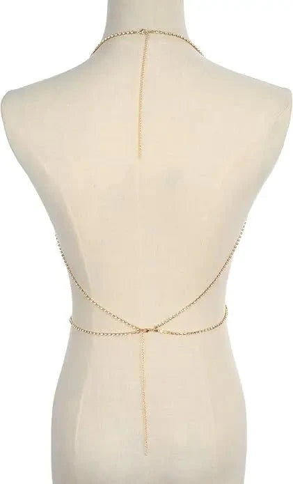 Women's gold body chain necklace bikini jewelry set with four pieces, featuring delicate chain details and stylish design.