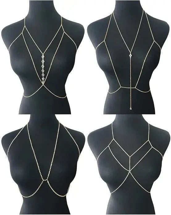 Women's gold body chain necklace bikini jewelry set with four pieces, featuring intricate gold chains and stylish design.