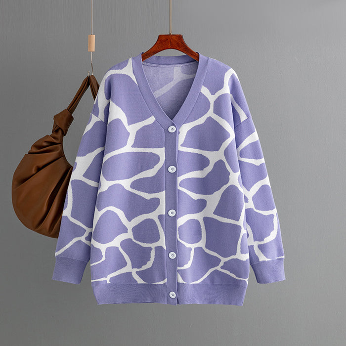 Women's Jacquard V-Neck Long Line Knit Sweater