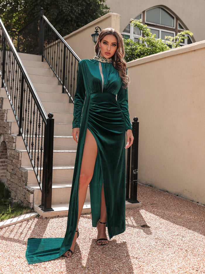 Women's Korean Velvet High Neck Evening Dress