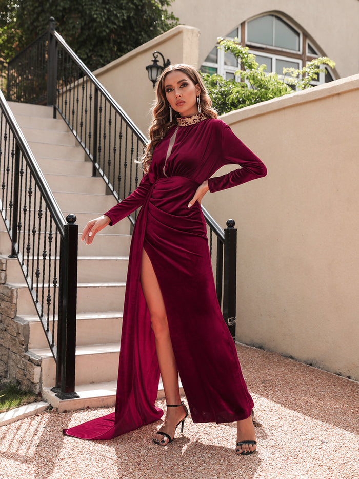 Women's Korean Velvet High Neck Evening Dress