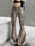 Women's Large Size Washed Brown Workwear Skinny Jeans