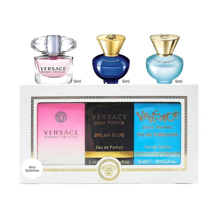 Versace Women's Mini Trio including Dylan fragrances and Bright Crystal perfume bottles, compact and elegant presentation.