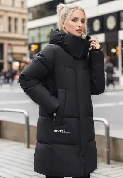 Women's thickened cotton padded winter coat by MANDOTOS, shown in a cozy, insulated design perfect for cold weather.