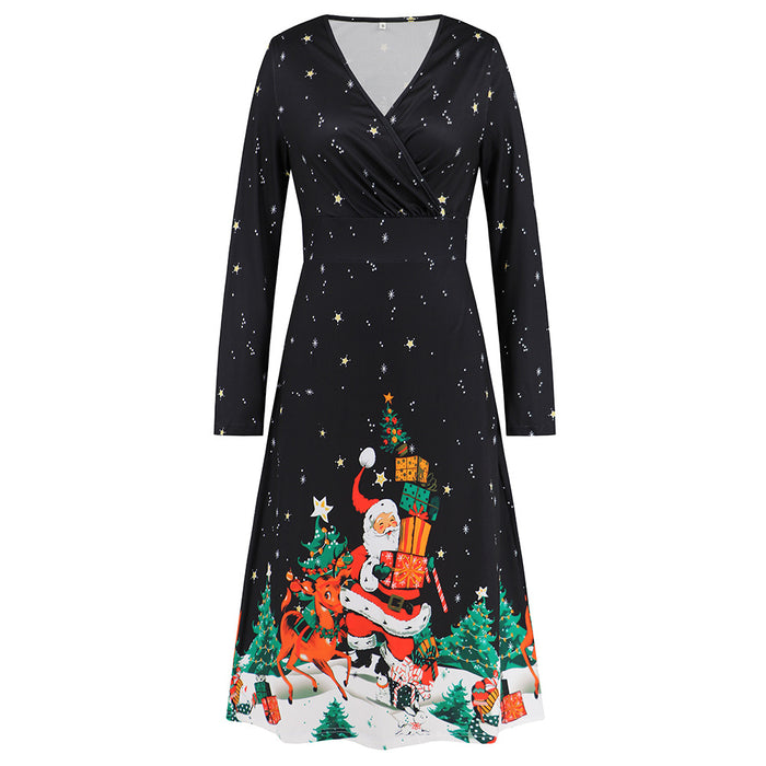 Women's V-neck Long Sleeve Christmas Printed Dress