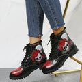 Ancient Energy women's high top workwear boots with large Halloween cartoon print and colorful pattern, featuring lace-up design.