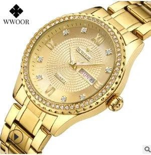 Mandotos WWOOR Elegance gold diamond quartz watch with a sleek design and sparkling accents, suitable for formal and stylish occasions.