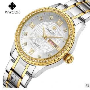 Mandotos WWOOR Elegance gold diamond quartz watch showing a round face with gold-tone finish and sparkling diamond accents.