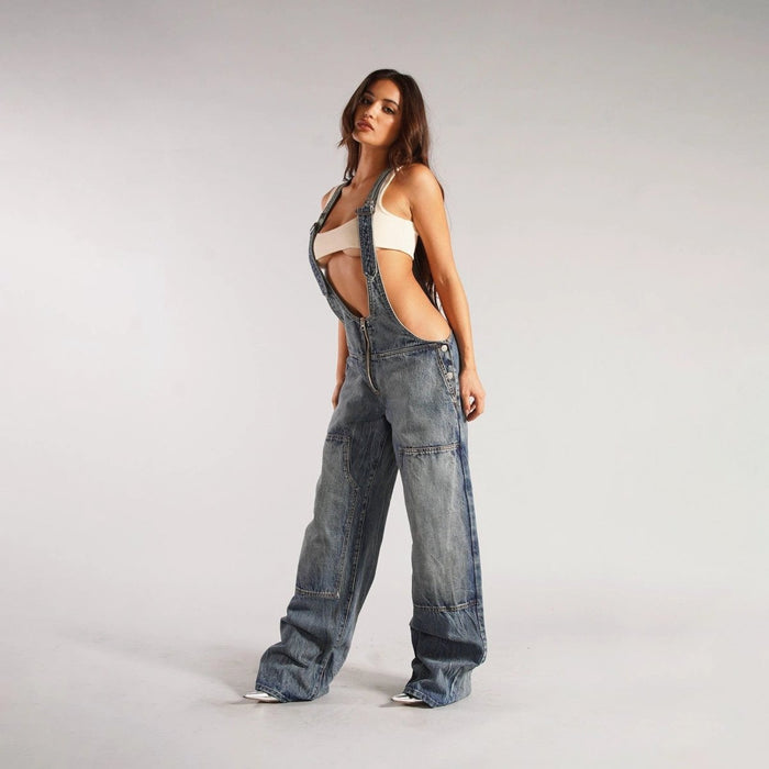 Mandotos Y2K denim overalls with zipper suspender design, streetwear style, casual jumpsuit, front pockets and adjustable straps.