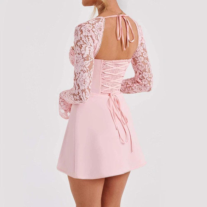 Mandotos Y2K lace long sleeve dress featuring a sexy backless corset design and lace-up details, short and stylish for women's fashion.